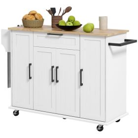 Modern White Kitchen Island Cart with Natural Wood Top, Drawers, Towel Rack & Cabinet