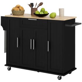 Modern Black Kitchen Island Cart with Natural Wood Top, Drawers, Towel Rack & Cabinet