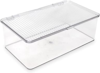 Medium Stackable Organizer Bin (10.75'x6.5'x3.7') w/ Hinged Lid, Clear Storage Box, Home, Office, School, Fridge, Bathroom, Kitchen, Pantry Conta