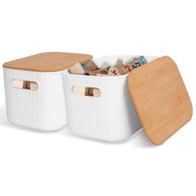 2Pcs Storage Bins with Bamboo Lids Stackable Plastic Storage Container with Handle Storage Box Accessories Holder for Bedroom Kitchen Shelf Close
